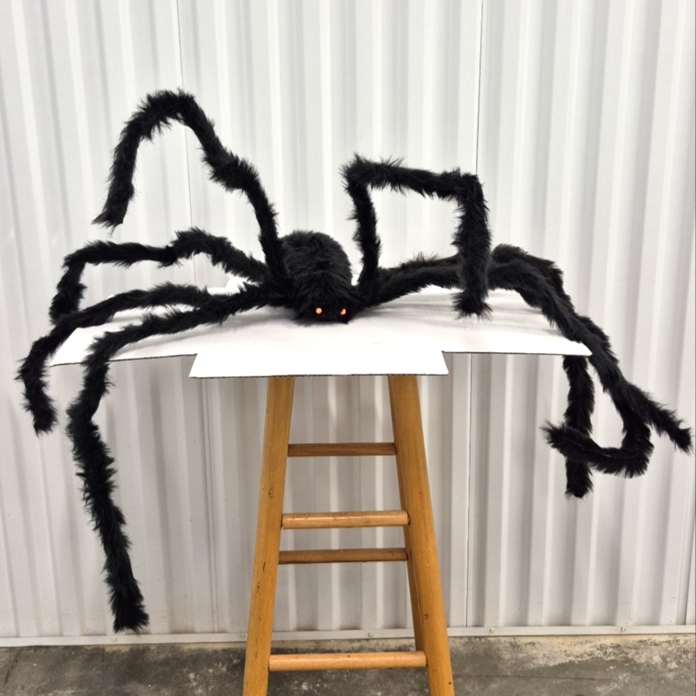 Giant Black Furry Spider Decor with Red Eyes Posable Legs 6 Ft